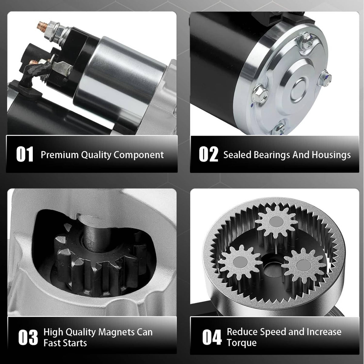 Starter motor feature collage showing sealed bearings, gear set, and electric starter