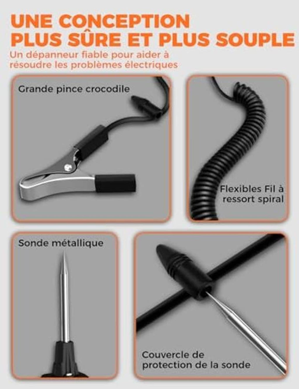 Automotive circuit tester leads with alligator clip, coiled cord, and metal probe tip