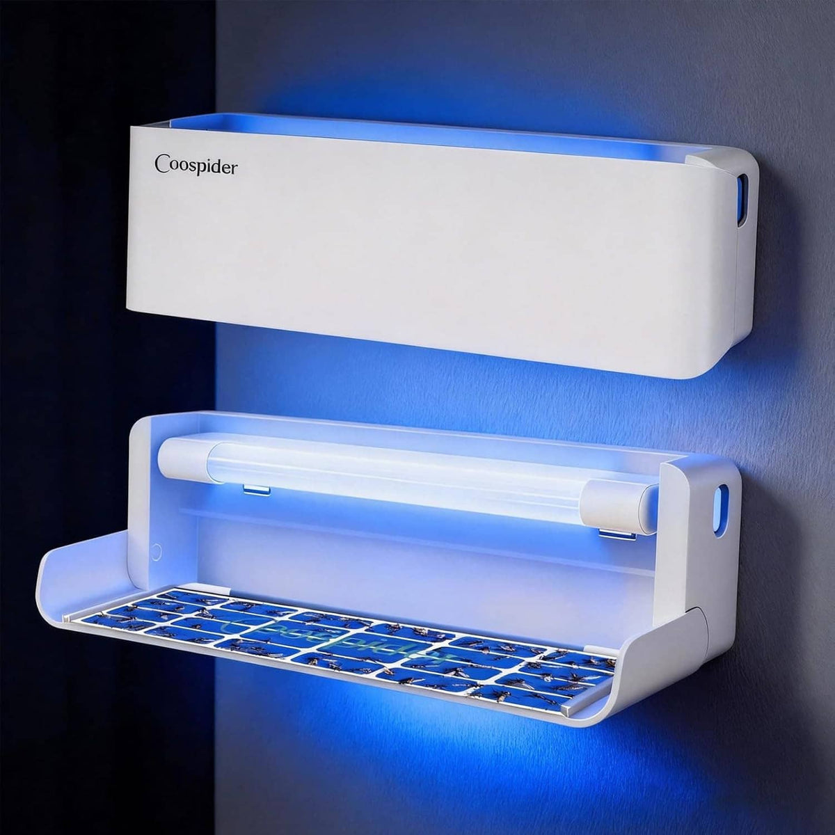 White UV fly trap wall sconce, open grid catcher tray visible on lower unit