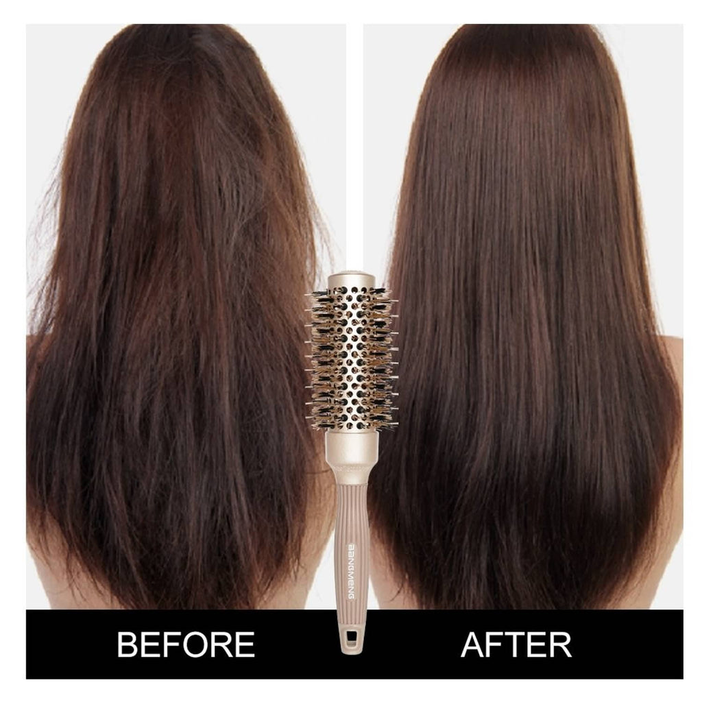 Round-barrel hair brush smoothing long hair, shown in before-and-after views