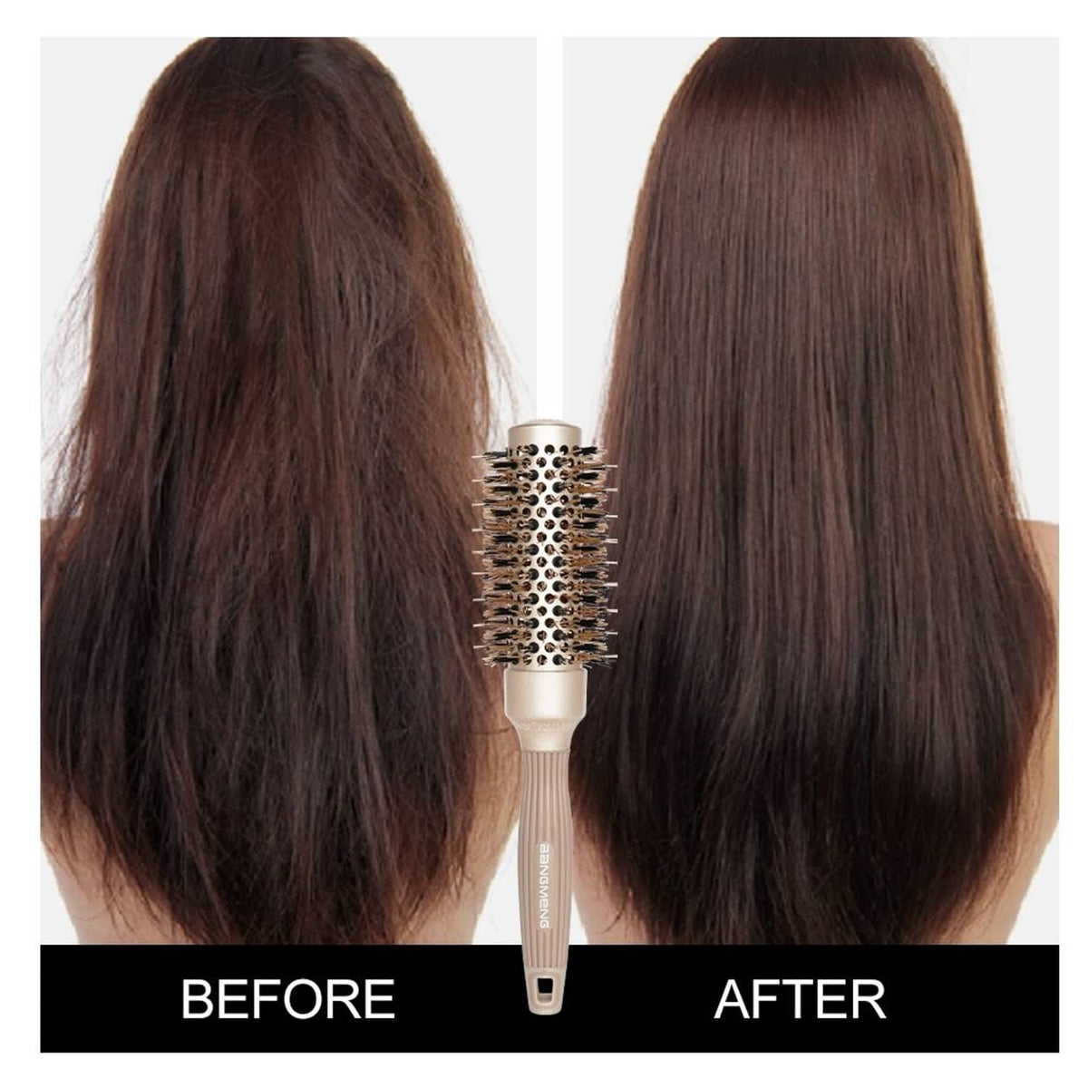 Round-barrel hair brush smoothing long hair, shown in before-and-after views