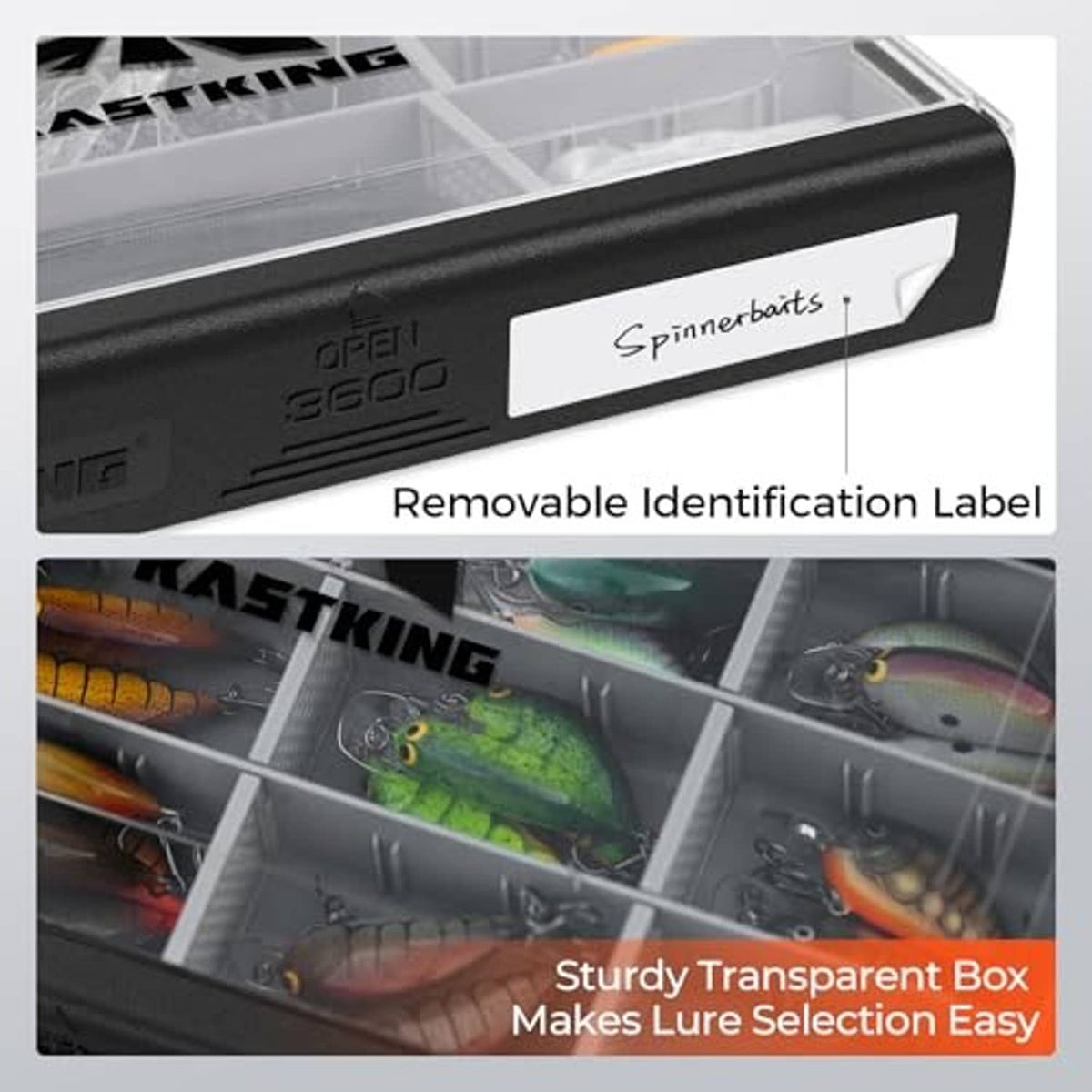HyperSeal waterproof black tackle box with removable identification label and clear compartment.