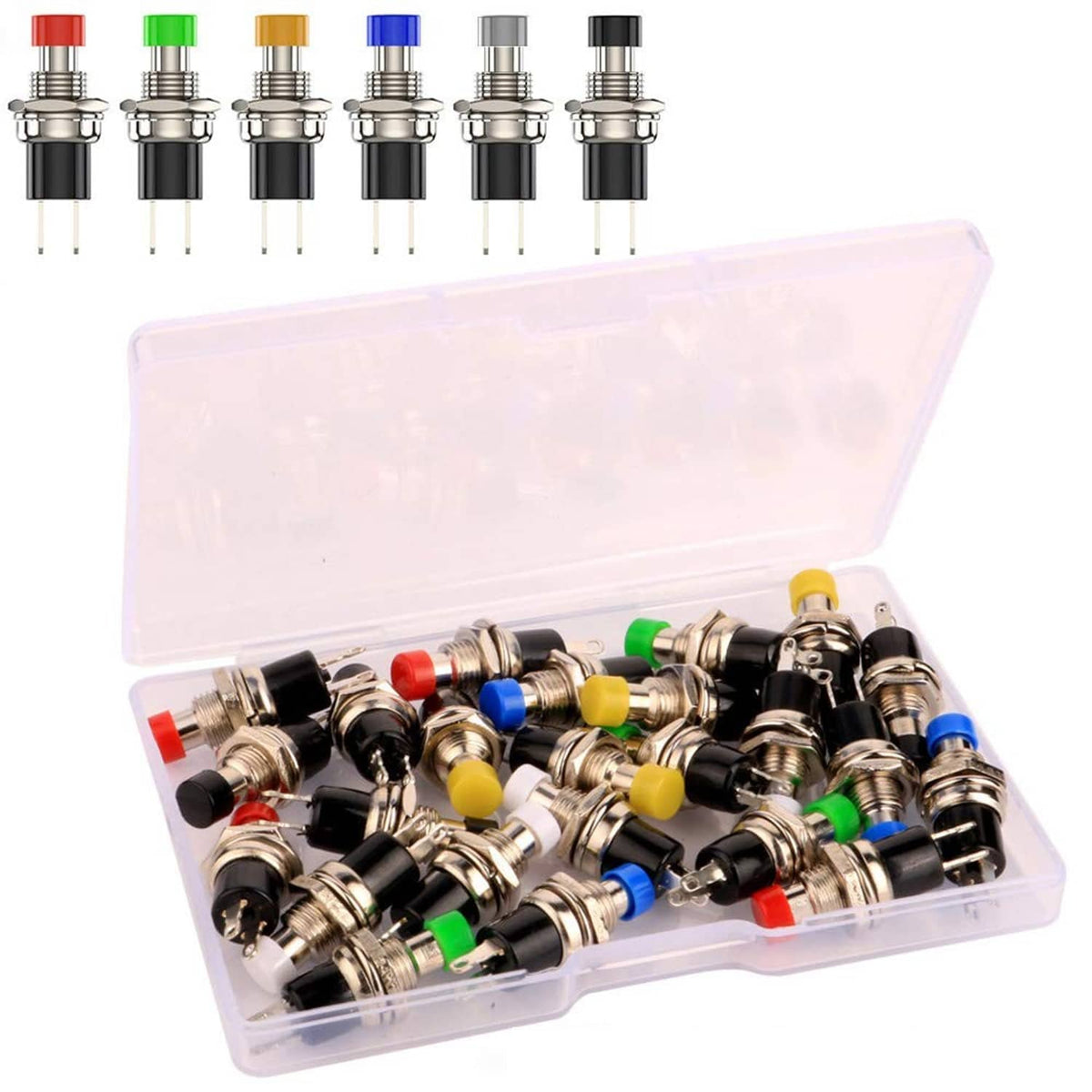 Box of mixed-color mini push button switches with metal terminals