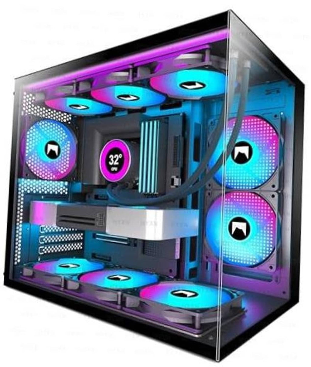 Compact black PC case with tempered glass side, three ARGB fans, visible interior components.