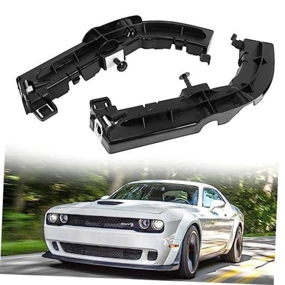 Black front bumper support brackets with mounting screws, left and right set