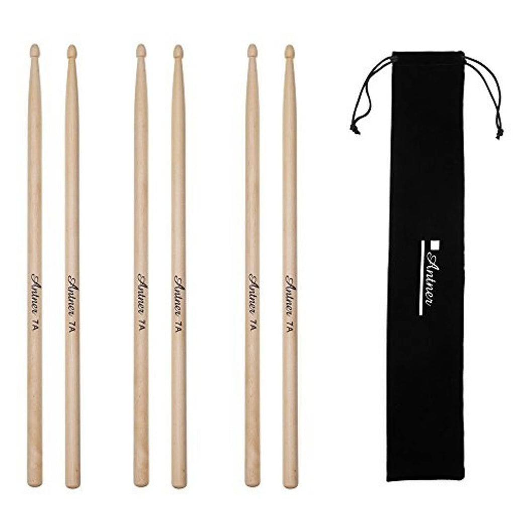 Maple wood drumsticks set, 7A size, with matching black storage bag