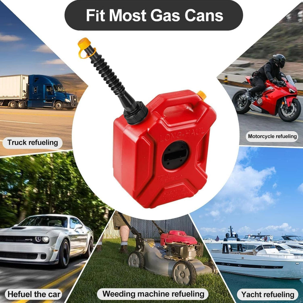 Gas can spout replacement with black flexible hose and yellow cap on red can