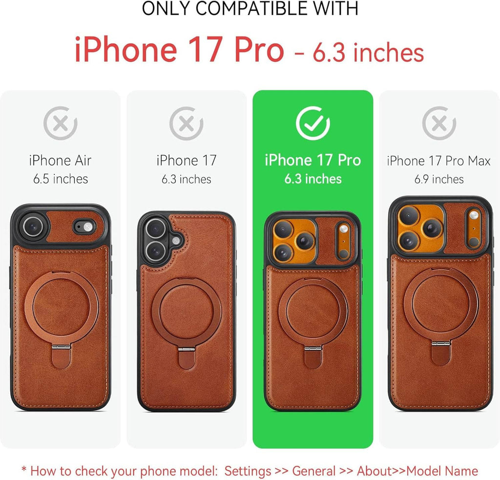 Brown iPhone 17 Pro case with ring stand shown in size compatibility chart