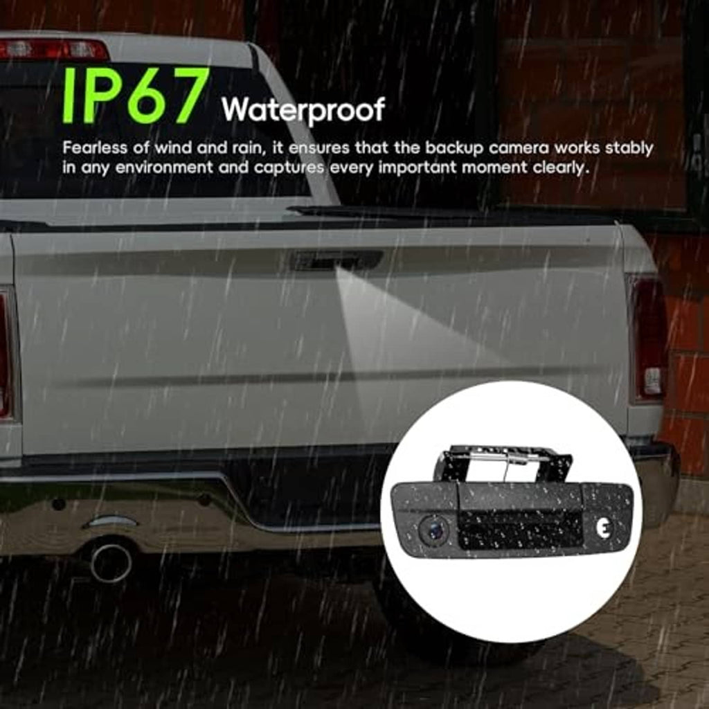 Weatherproof backup camera with black housing and lens, mounted on a vehicle