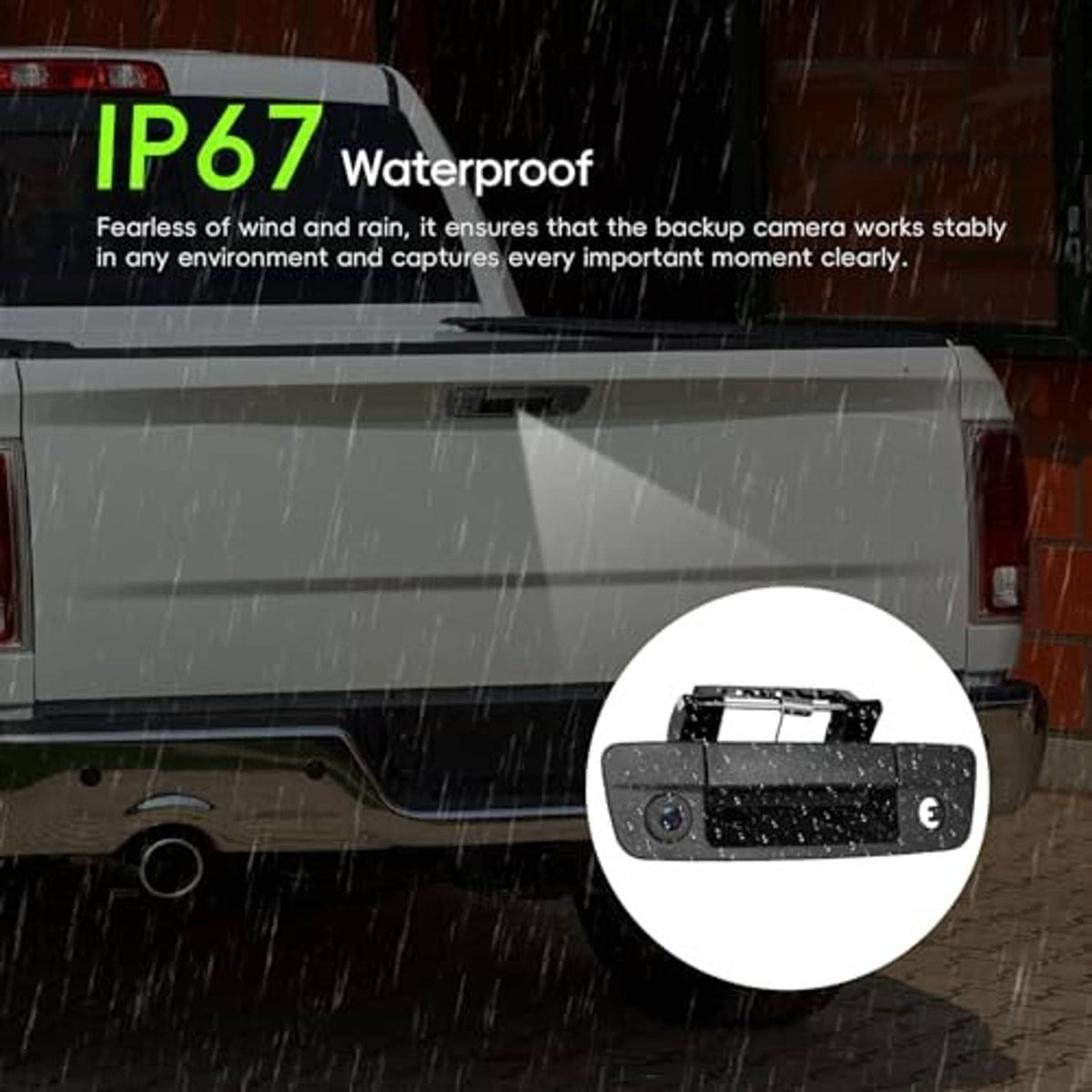 Weatherproof backup camera with black housing and lens, mounted on a vehicle