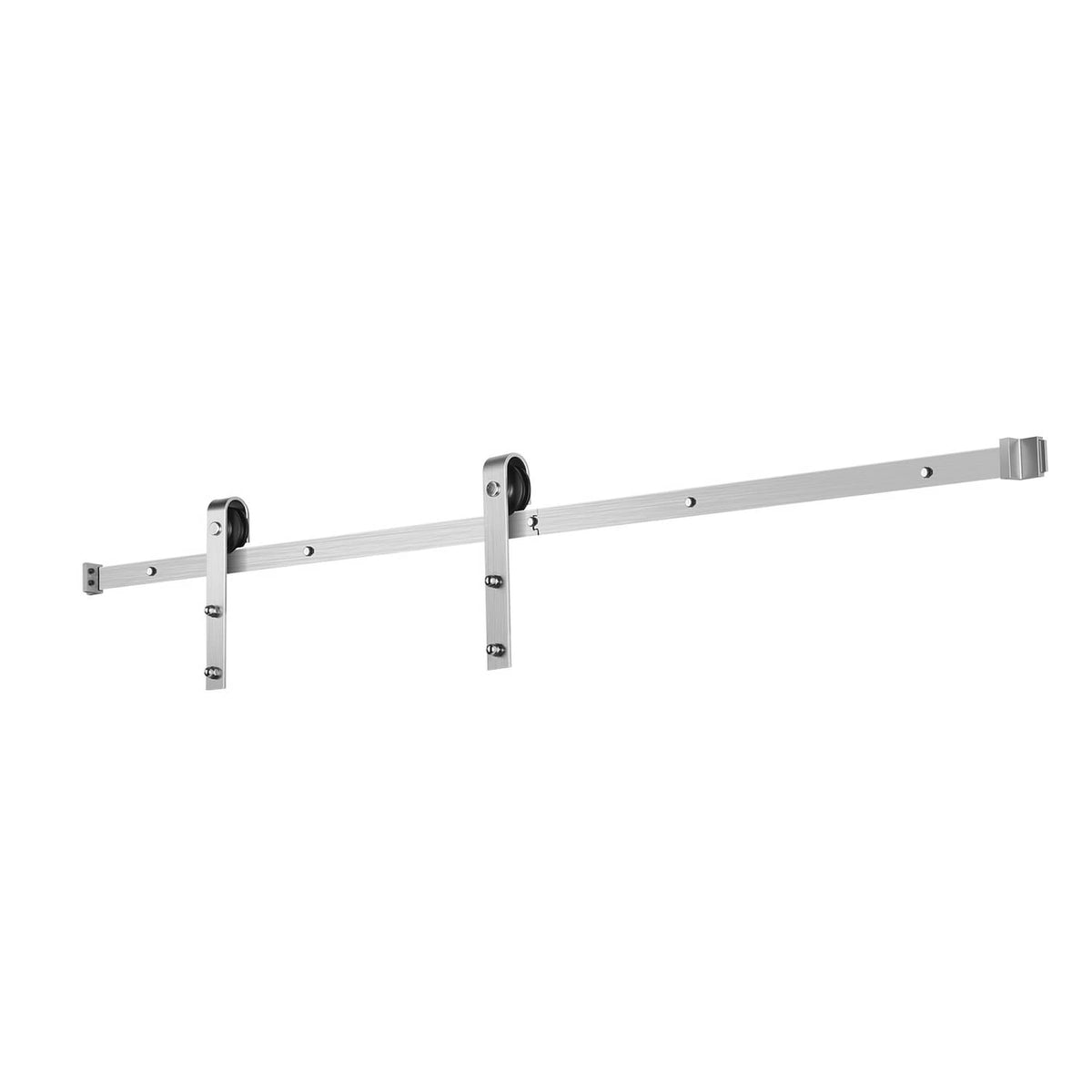 Silver sliding barn door hardware rail with roller brackets and mounting hardware