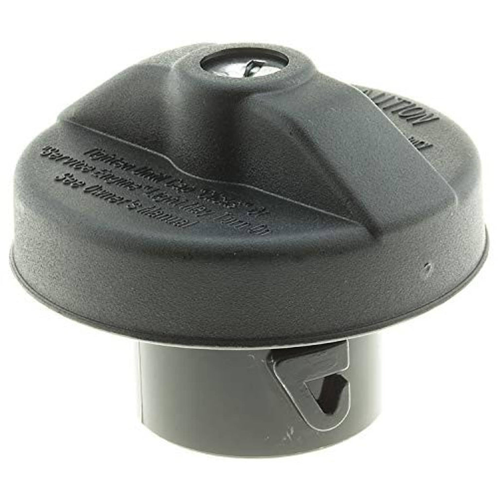 Locking fuel cap with cam-on latch and vent opening on dark gray housing