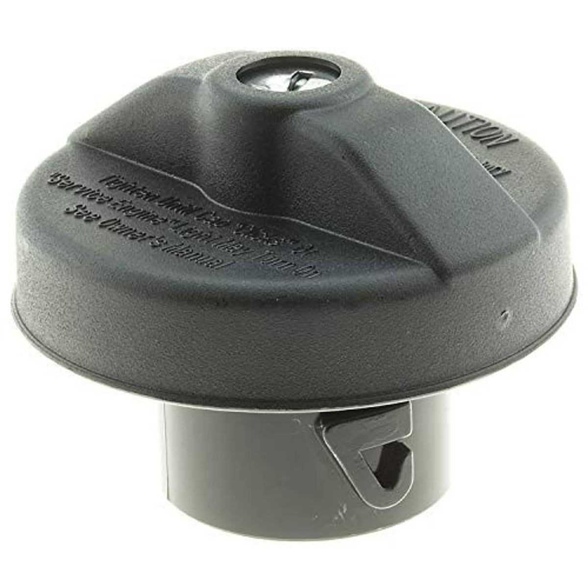 Locking fuel cap with cam-on latch and vent opening on dark gray housing