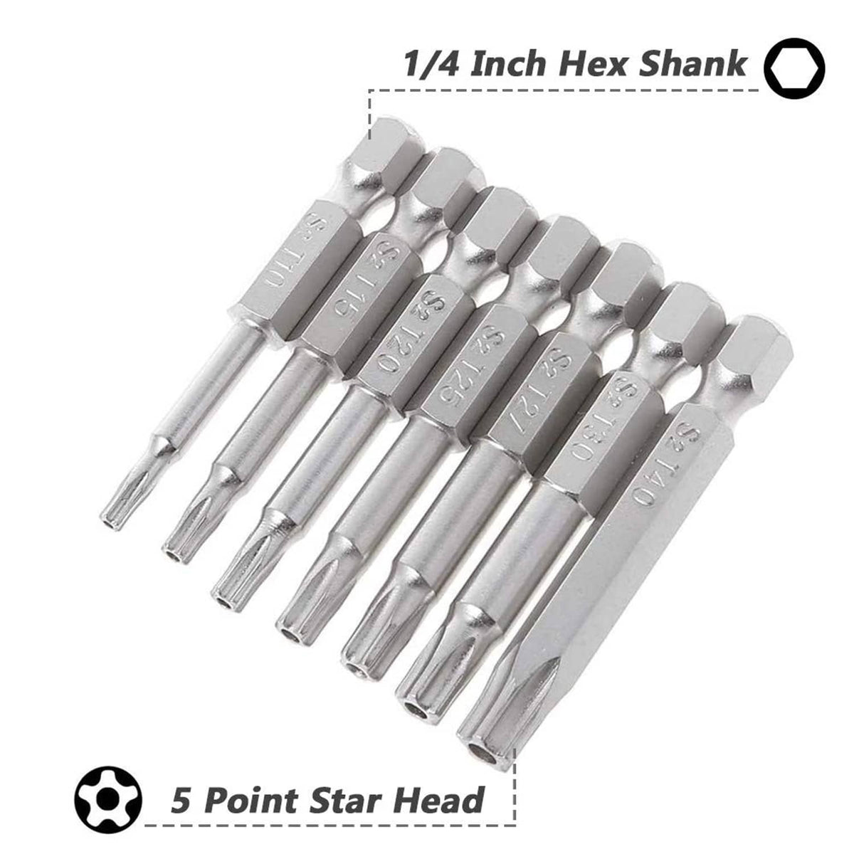 Security Torx bits set with 1/4 in hex shank and 5-point star heads, silver