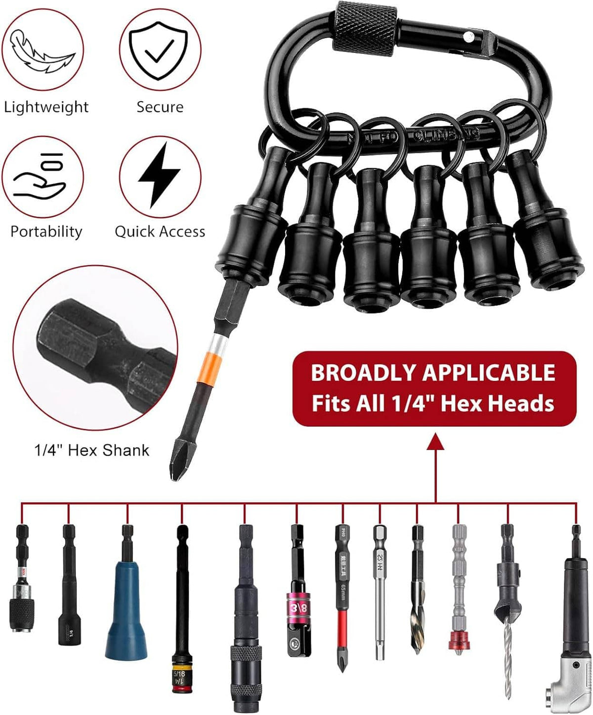 Black hex shank bit clip keychain with six bit holders and a visible 1/4 bit end