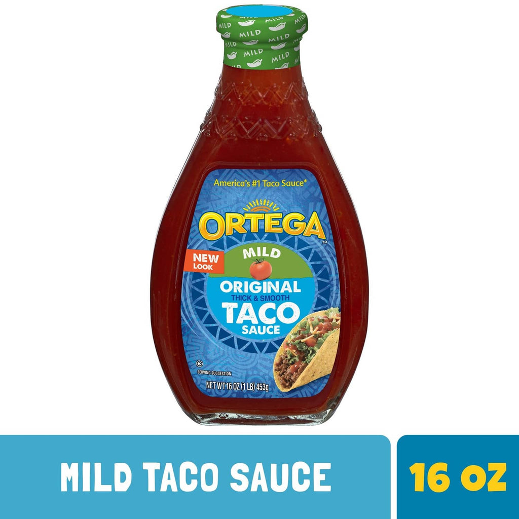 Mild taco sauce bottle, Ortega Original Thick & Smooth, 16 oz front label