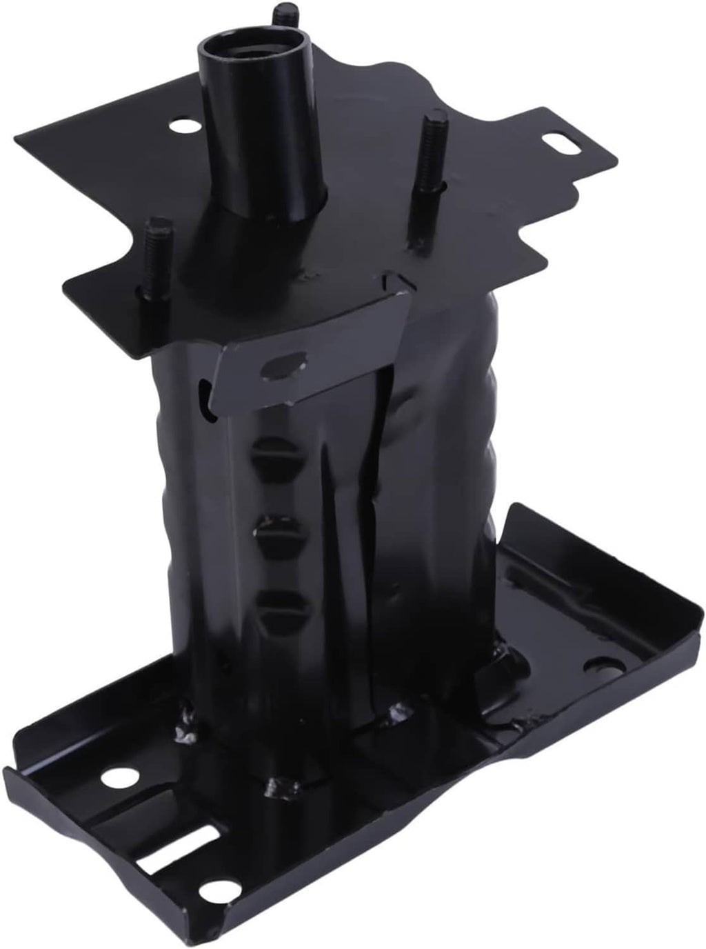 Black front bumper reinforcement bracket with tube post, welded ribs, and mounting holes
