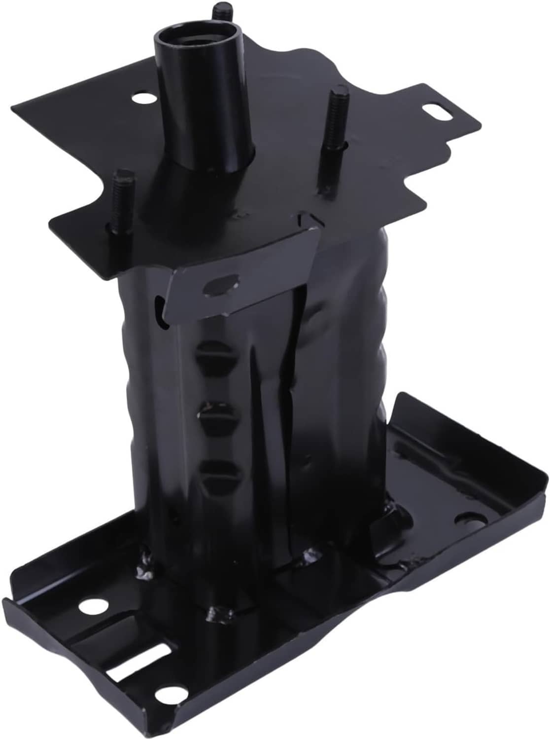 Black front bumper reinforcement bracket with tube post, welded ribs, and mounting holes