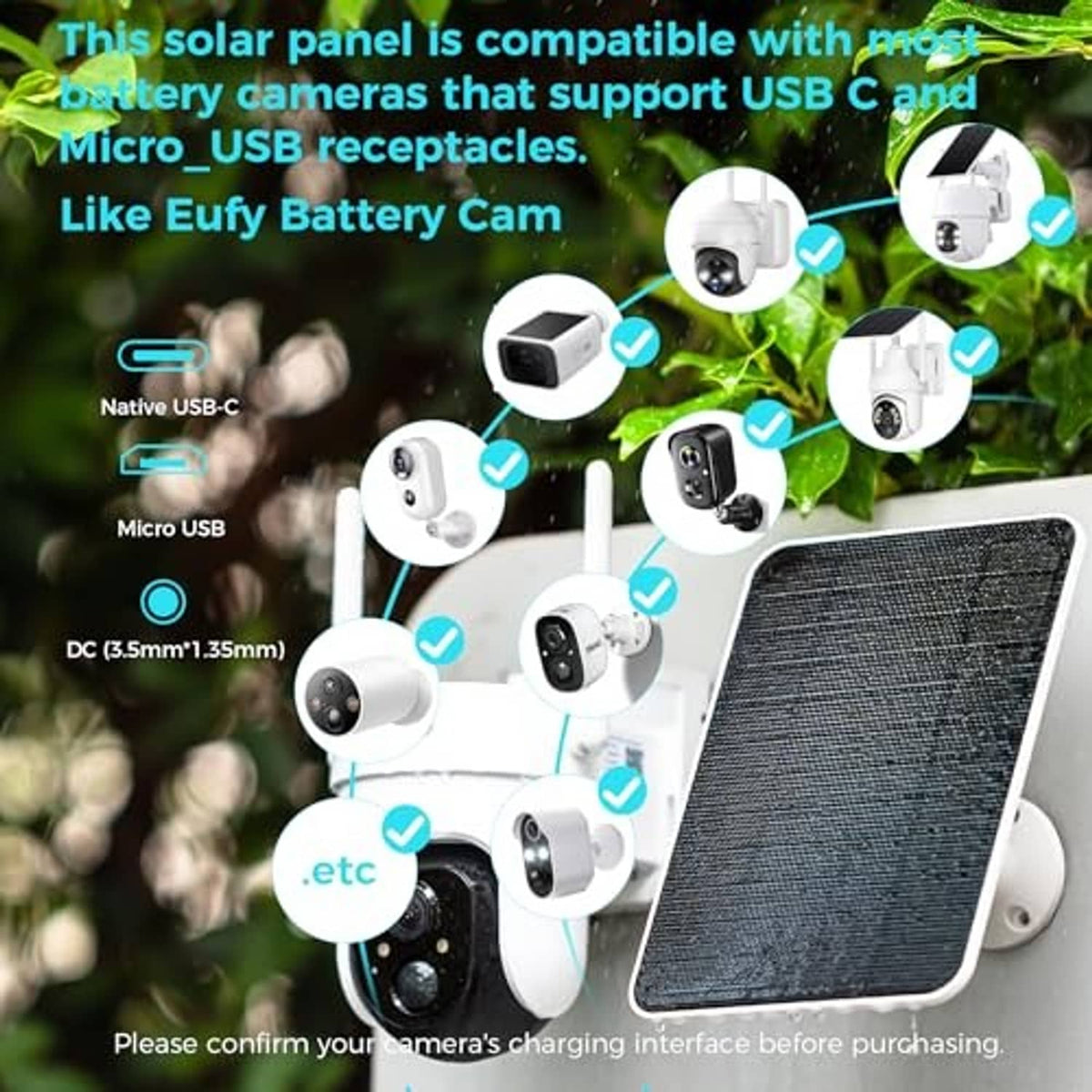 Dark solar panel with white mounting base and compatibility connector ports, outdoor style