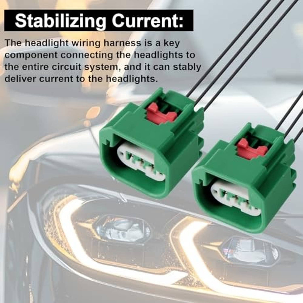 Headlight wiring harness with two green plugs, red inserts, black wires, and 3-pin sockets
