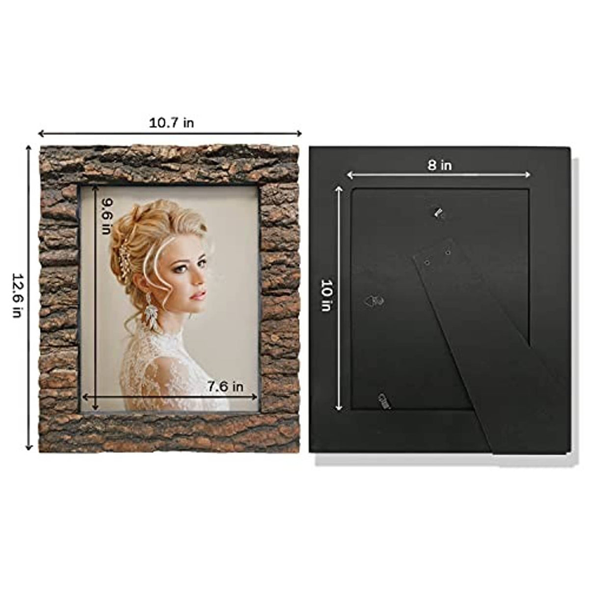 Rustic bark wood picture frame, 8x10 size shown with front and back views