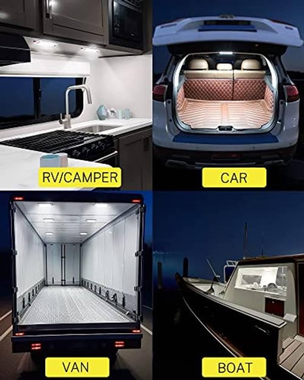 LED dome lights providing bright interior illumination in an RV or van