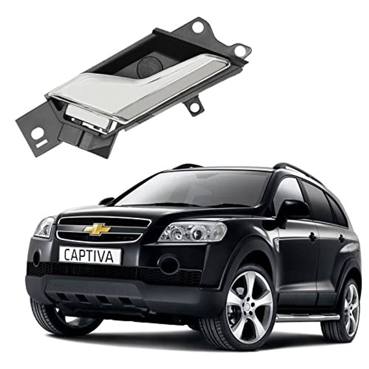 Interior door handle assembly with chrome lever on black bracket, mounting holes visible