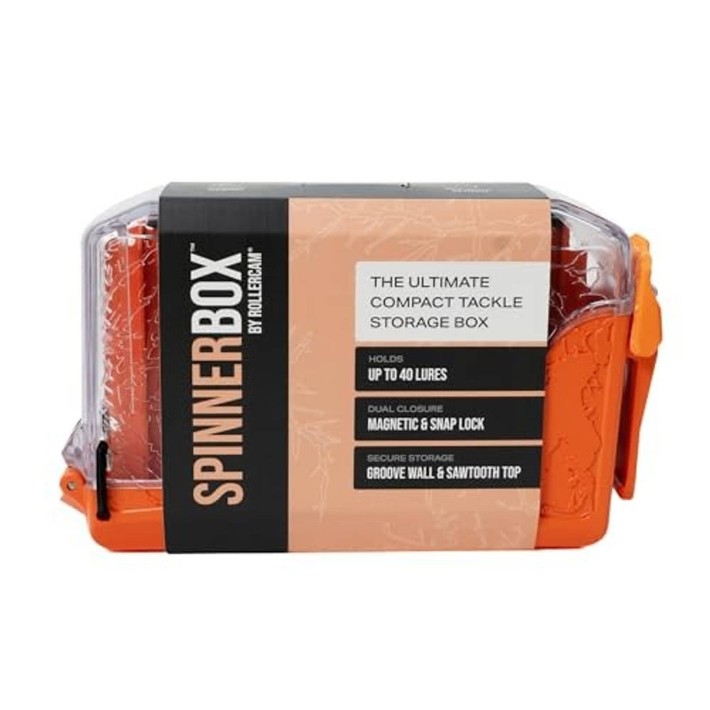 Compact tackle storage box in orange with clear lid and rounded side latch handles.