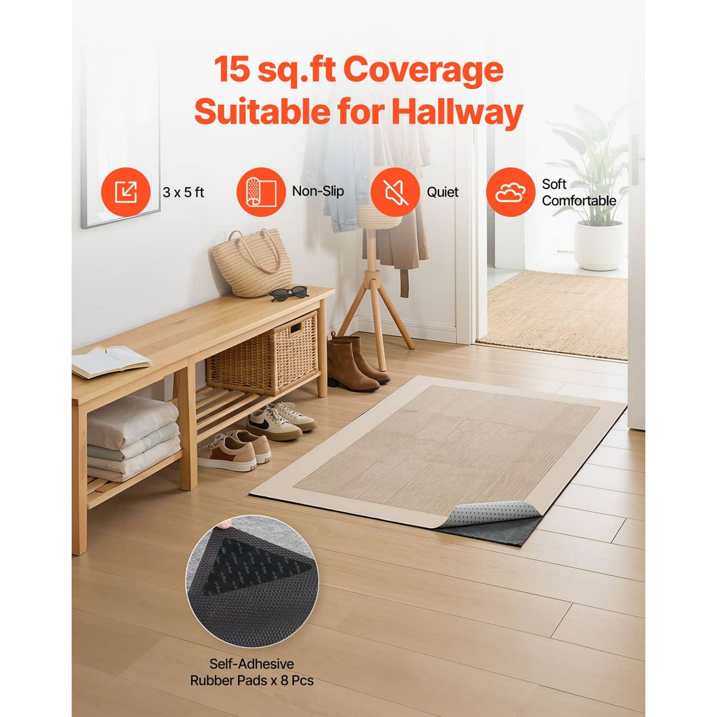Rectangular non-slip rug pad, light gray felt with rubber grip backing