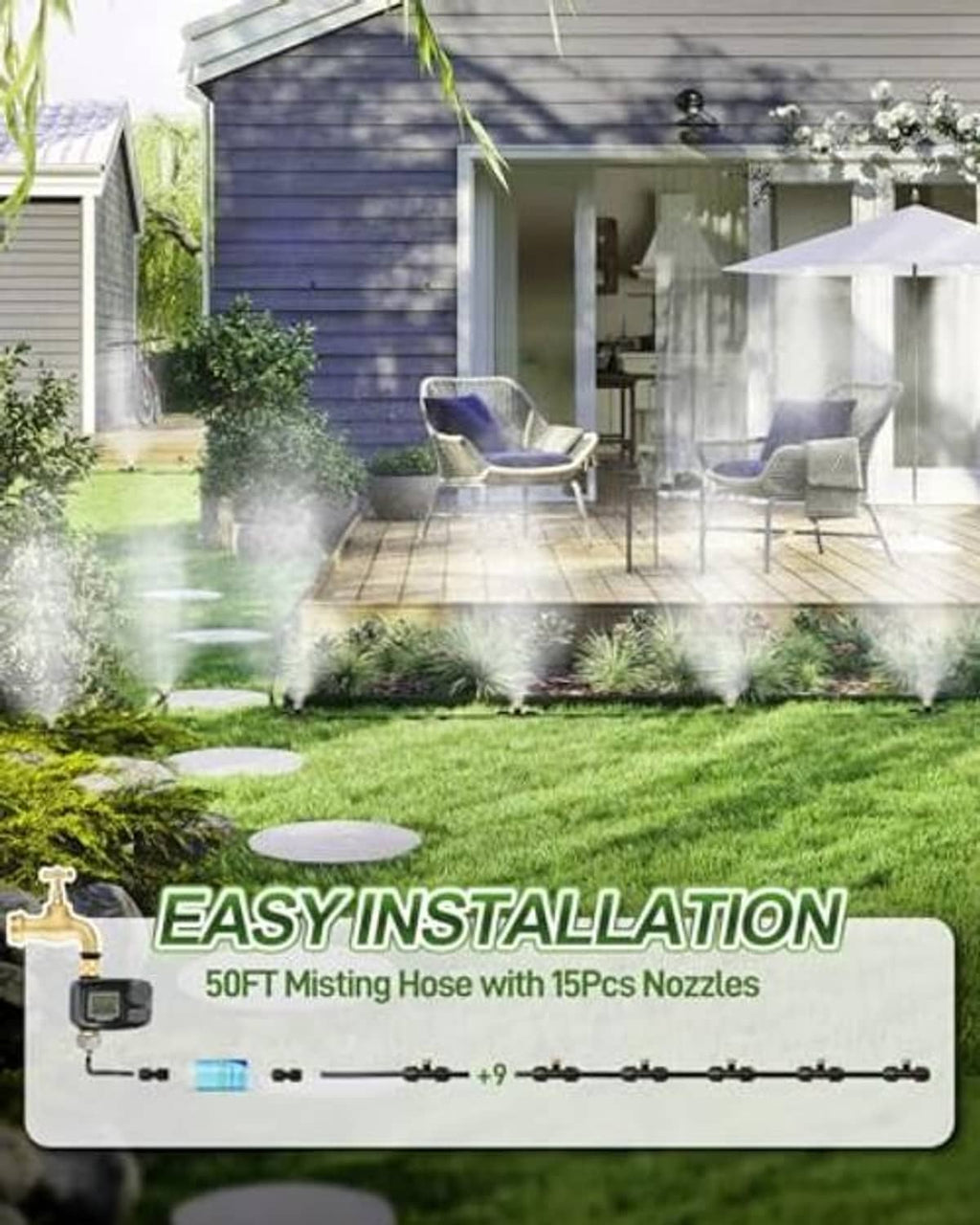 Outdoor patio misting system spraying fine mist over lawn near seating