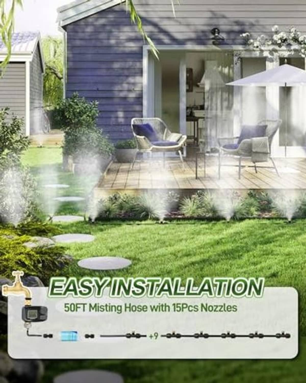 Outdoor patio misting system spraying fine mist over lawn near seating
