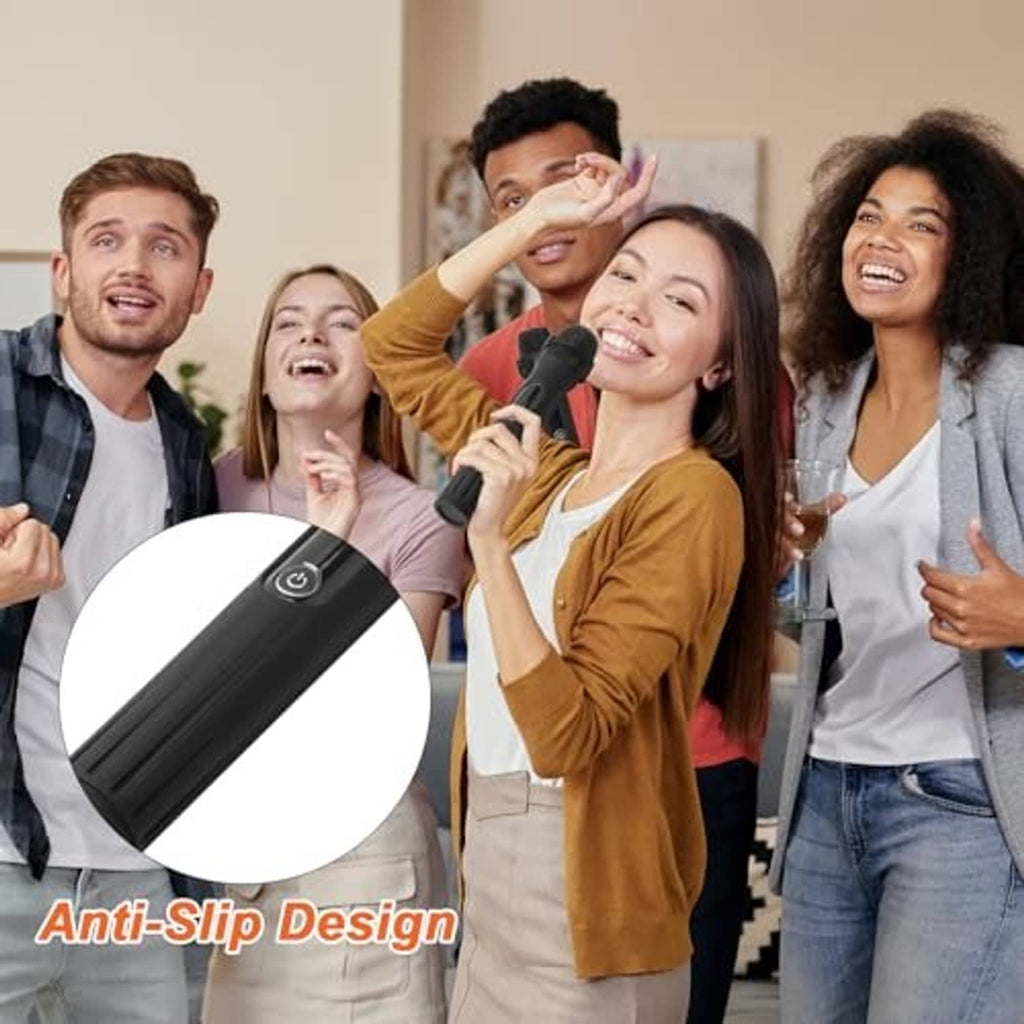 Black silicone microphone case being held; textured grille head and side power button