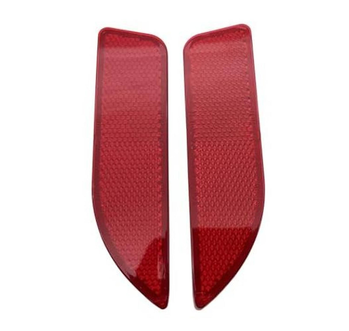 Pair of red rear bumper reflector inserts with textured lens surface