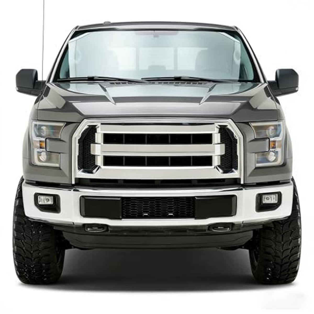 Truck front grille with black bezel and silver mesh center