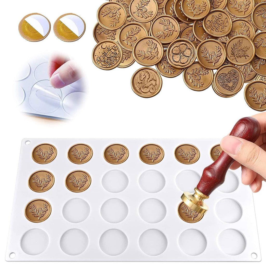 Silicone wax sealing mat with 24 round cavities and gold leaf seal medallions; wax stamp in use