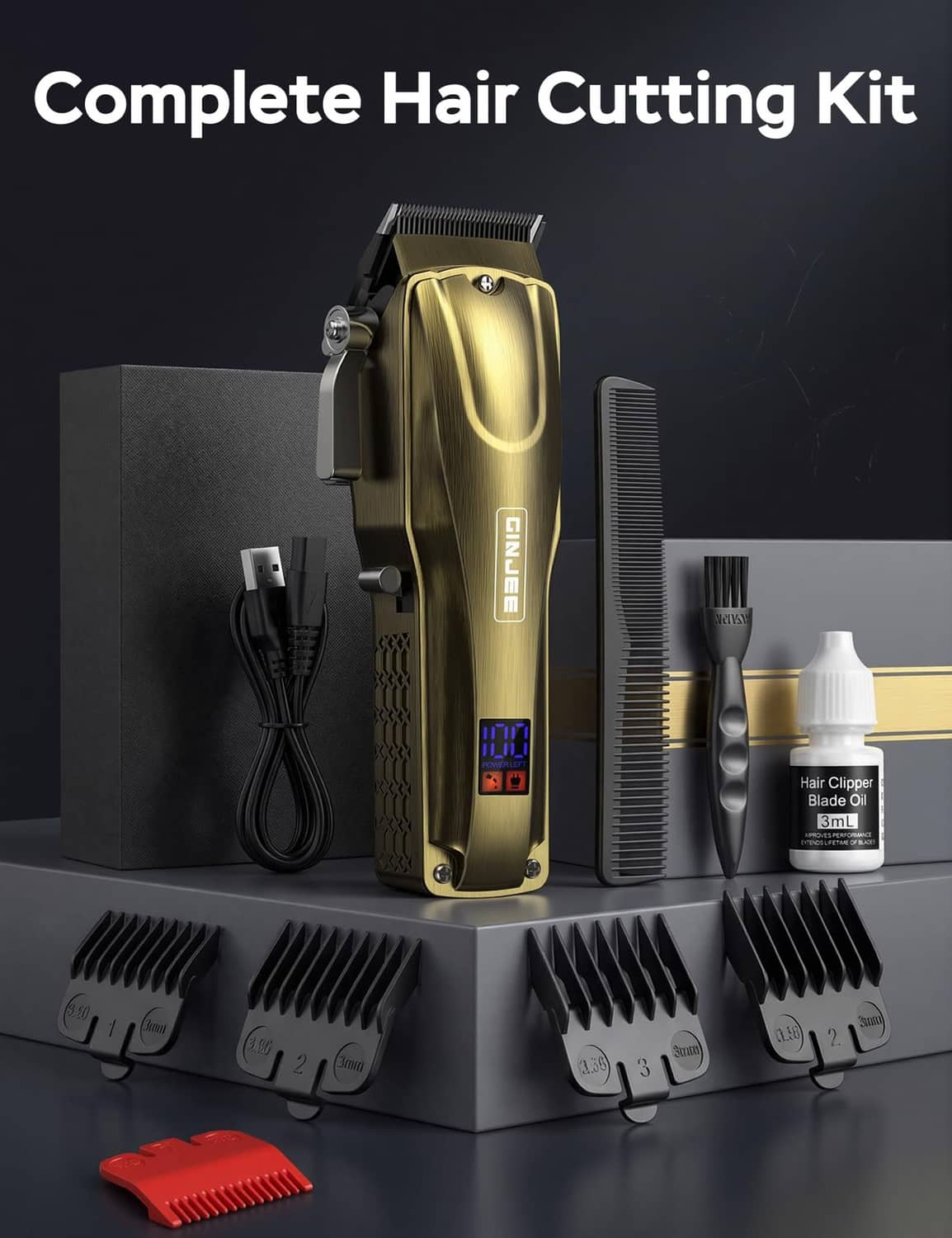 Gold complete hair cutting kit with clipper, multiple comb guards, scissors, and cord