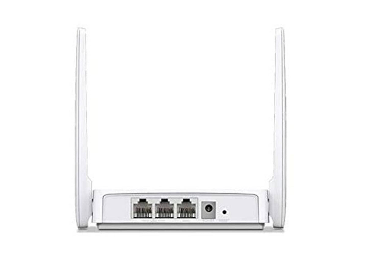 White Wi‑Fi router back panel with LAN ports and power socket, two antennas
