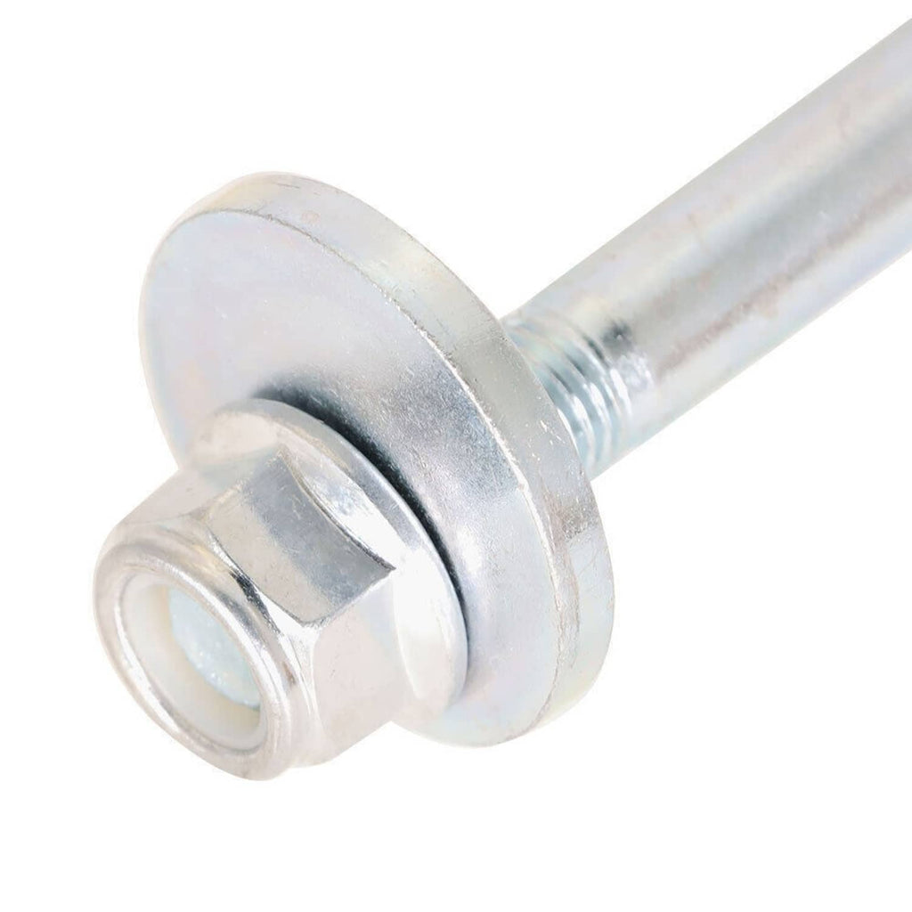 Front control arm cam bolt hardware kit: close-up of silver cam bolt head and threaded shaft
