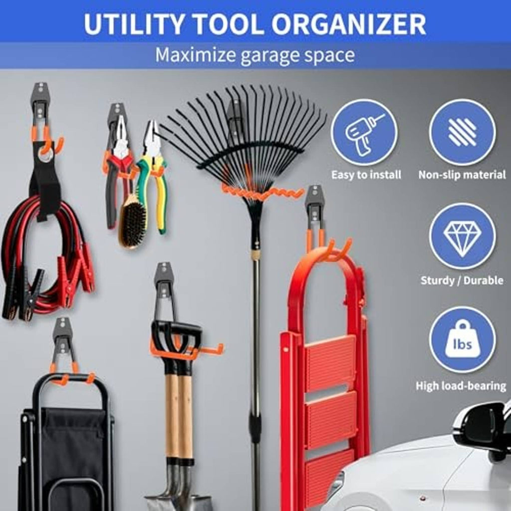 Garage hooks and organizer set with black brackets and orange non-slip PVC-coated arms