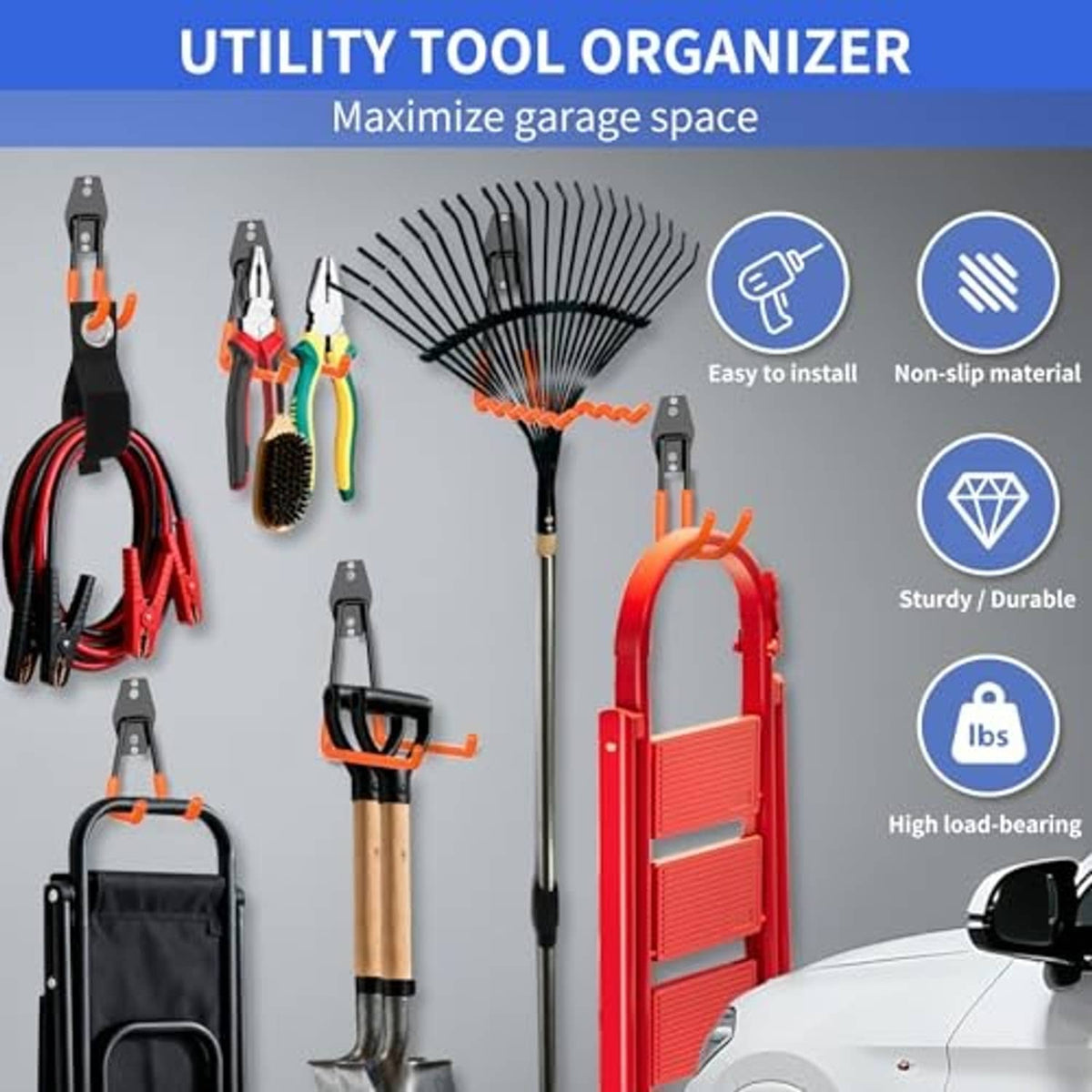 Garage hooks and organizer set with black brackets and orange non-slip PVC-coated arms