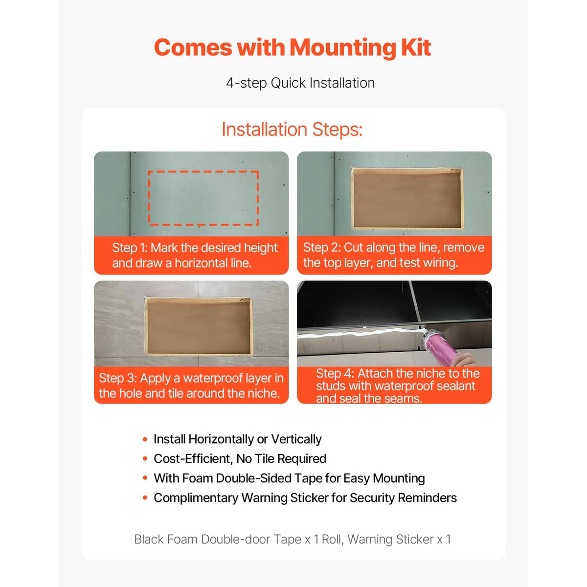 Recessed stainless steel shower niche shelf installation guide graphic with mounting kit