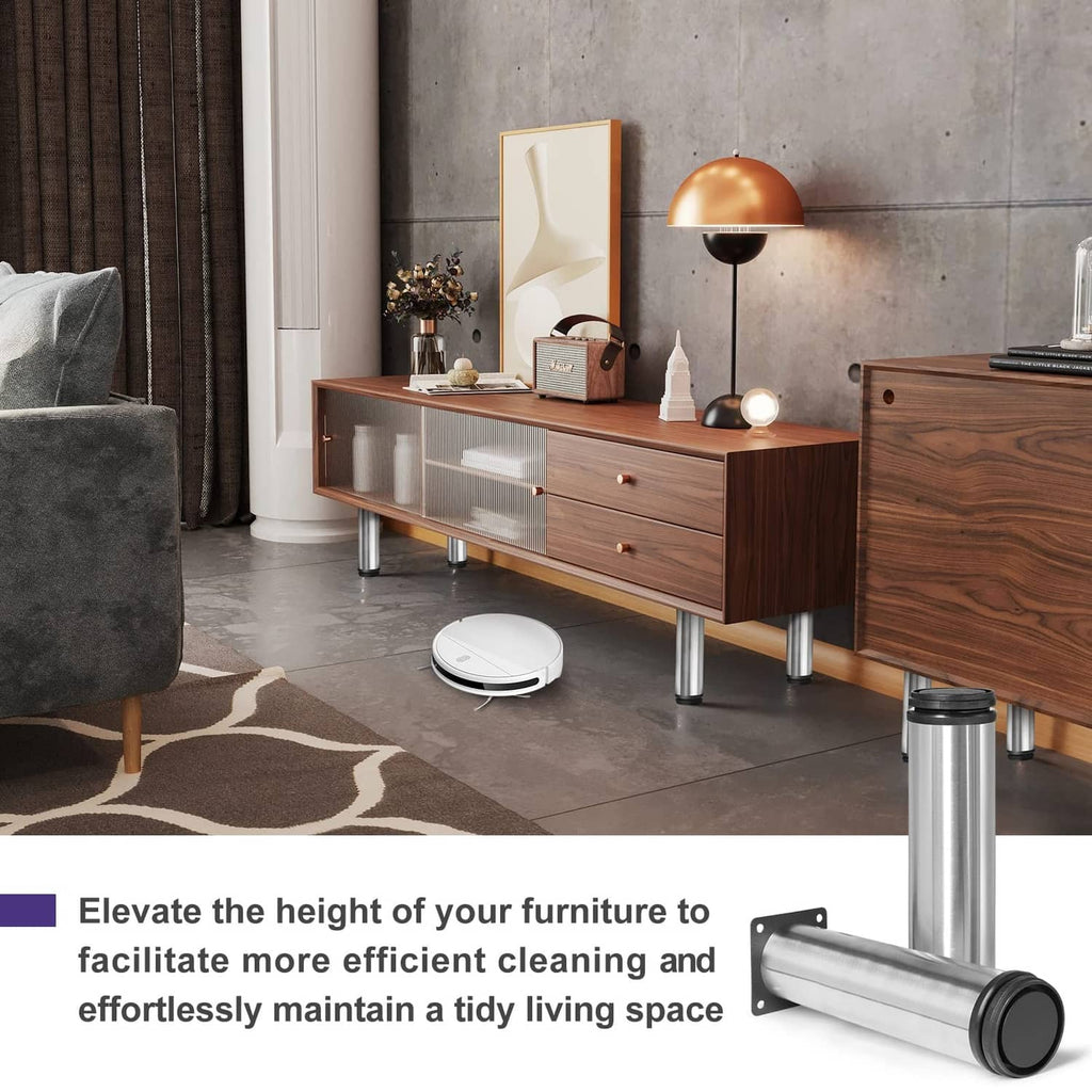 Stainless steel adjustable furniture legs with black rubber base on wood cabinet