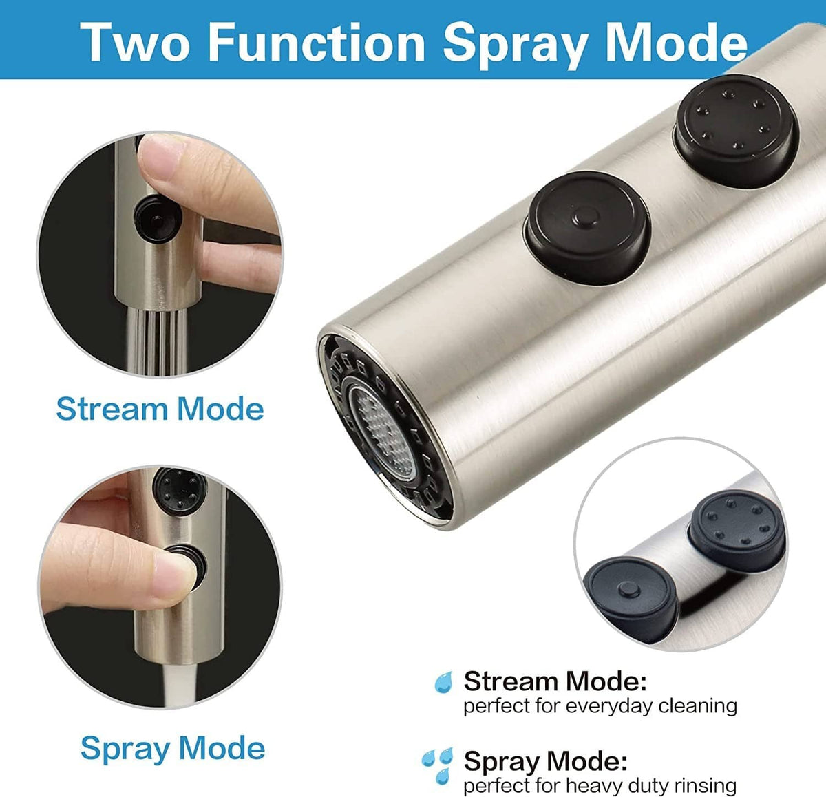 Brushed nickel pull-down faucet sprayer head with two-mode spray controls