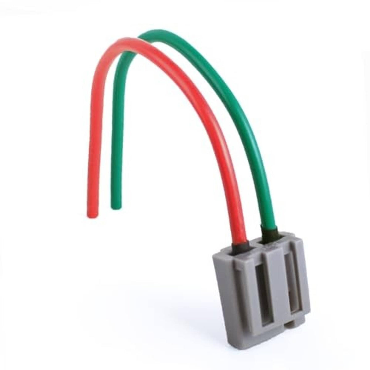 Gray two-pin connector with red and green wire leads