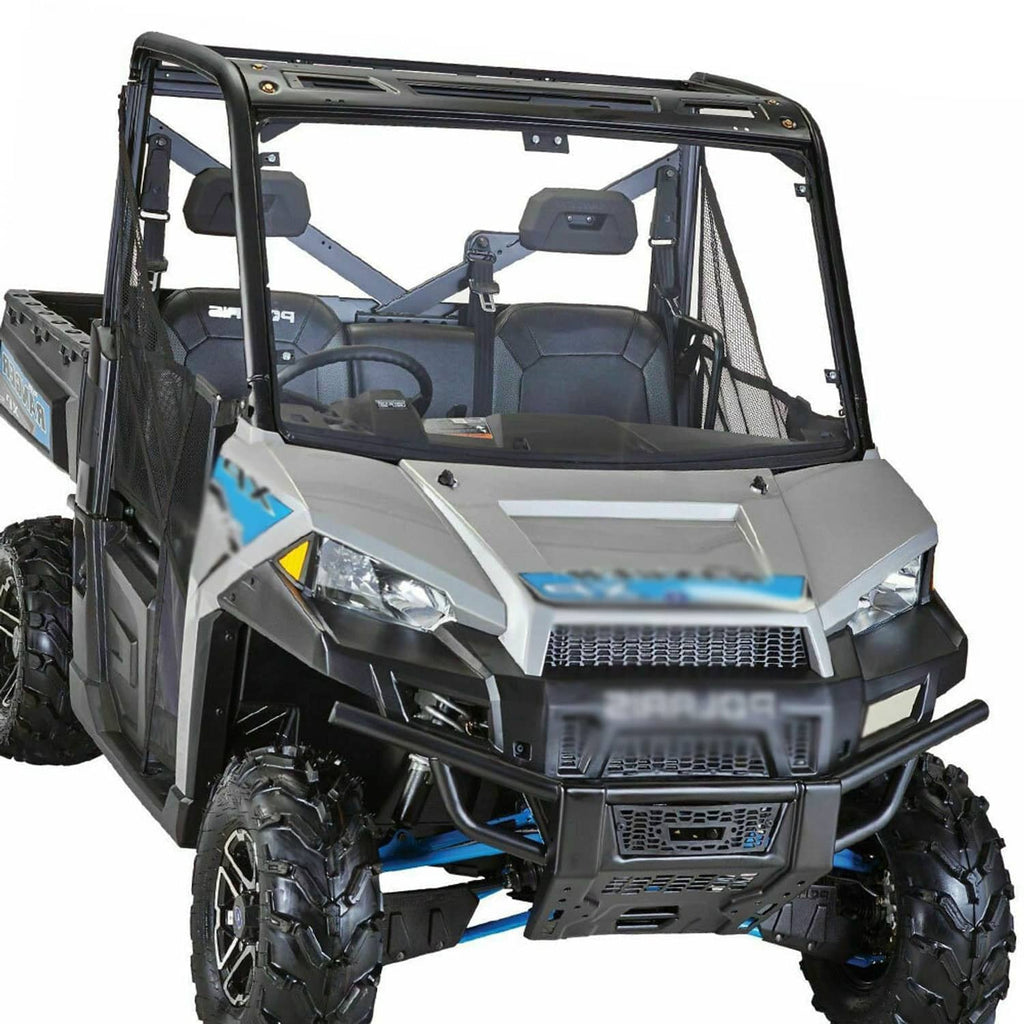 UTV full windshield with clear tinted panel and black frame on a UTV, studio view