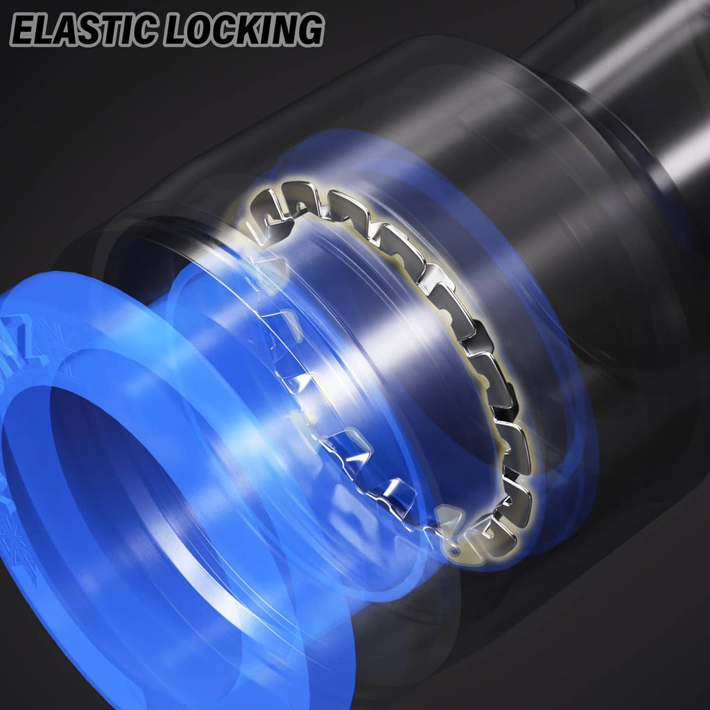 Pneumatic straight reducer fitting close-up with blue elastic locking ring mechanism