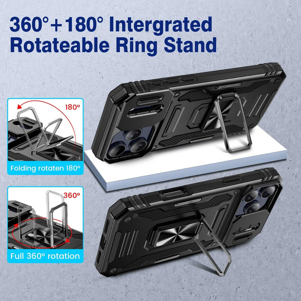 Black rugged phone case with integrated rotatable ring stand and foldable kickstand