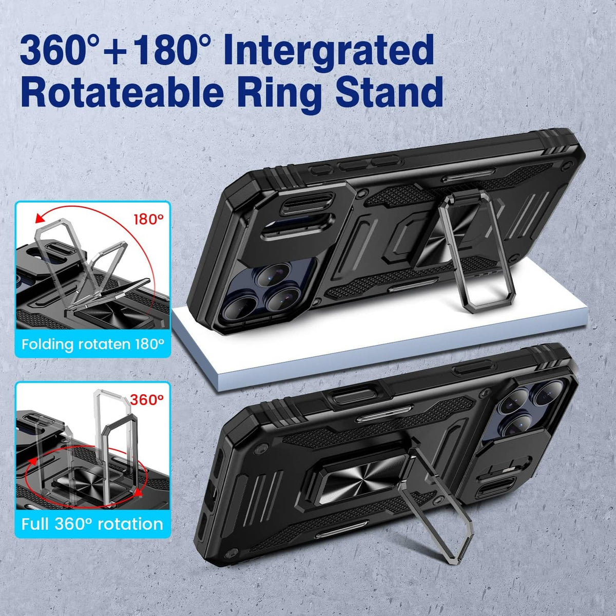 Black rugged phone case with integrated rotatable ring stand and foldable kickstand