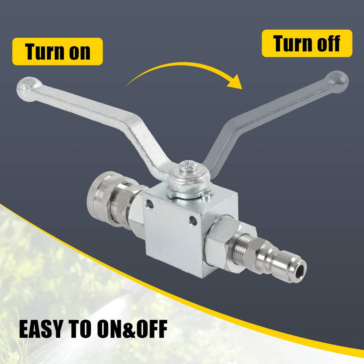 Steel ball valve control with two hose-side quick-connect fittings and long lever handle