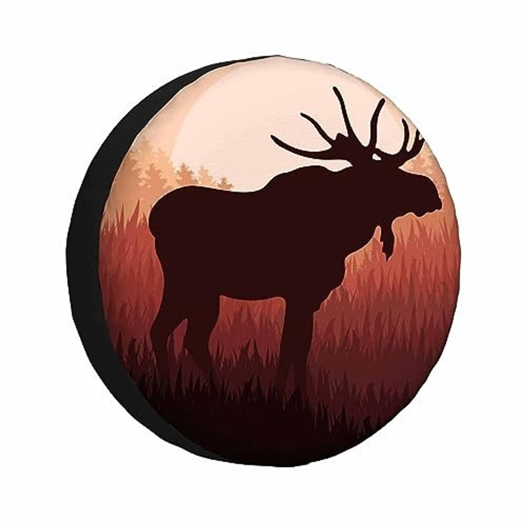 Moose spare tire cover featuring moose silhouette in sunset scene with black rim